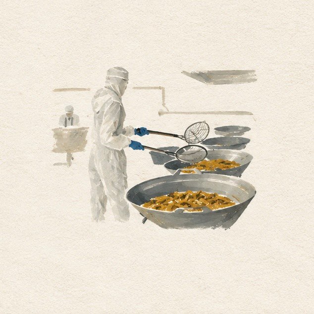 ภาพวาดผู้ปฏิบัติงานใช้กระชอนเหนือกระทะปรุงอาหาร